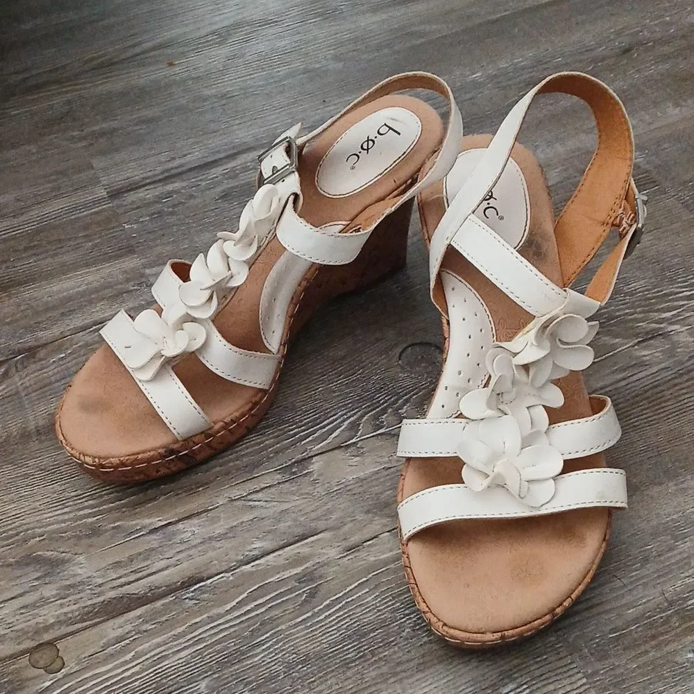 BOC Born Concept Gaetana White Flower Cork Wedge Sandals Women’s Size 10